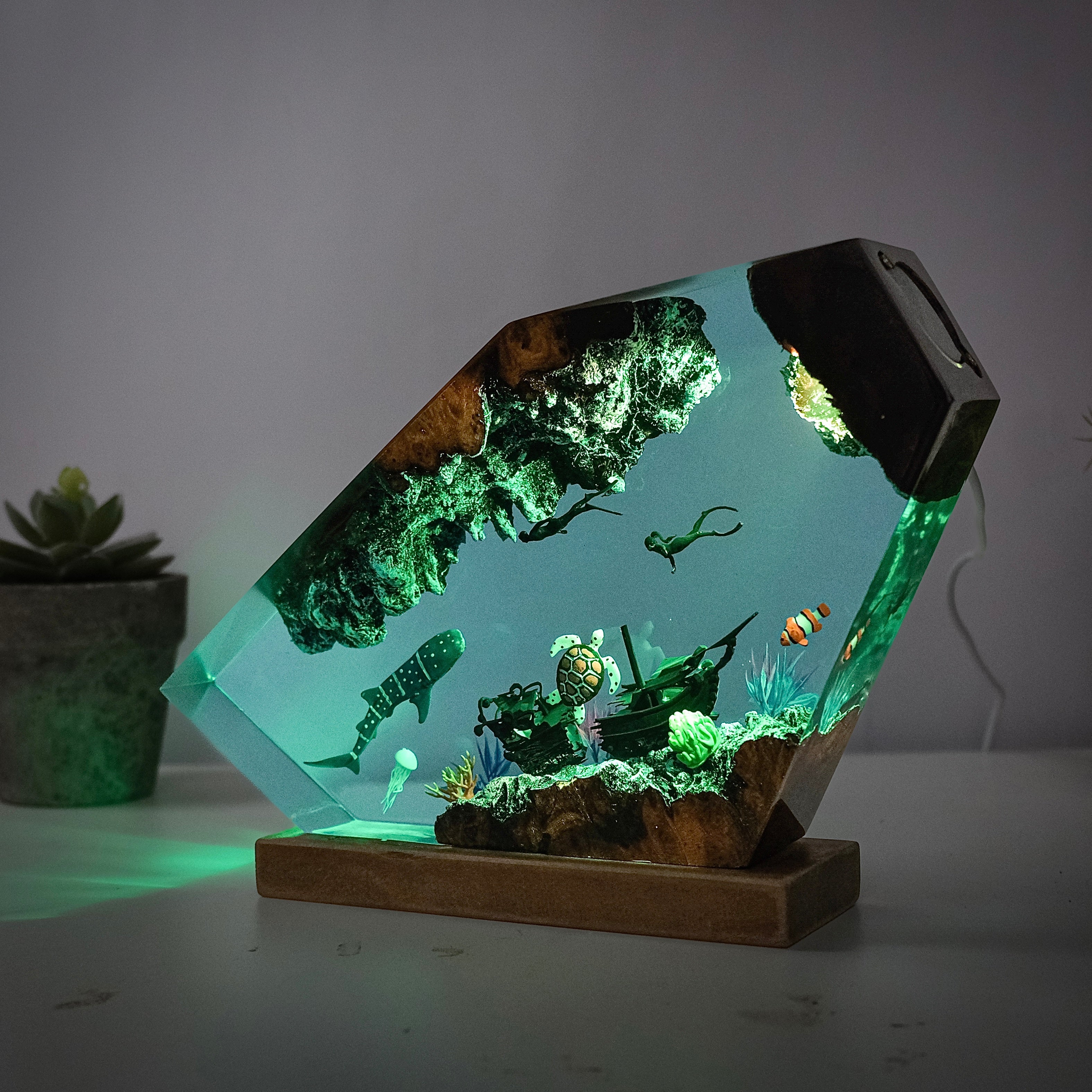 Ocean resin lamps .Sunken boats, shark whale and turtles