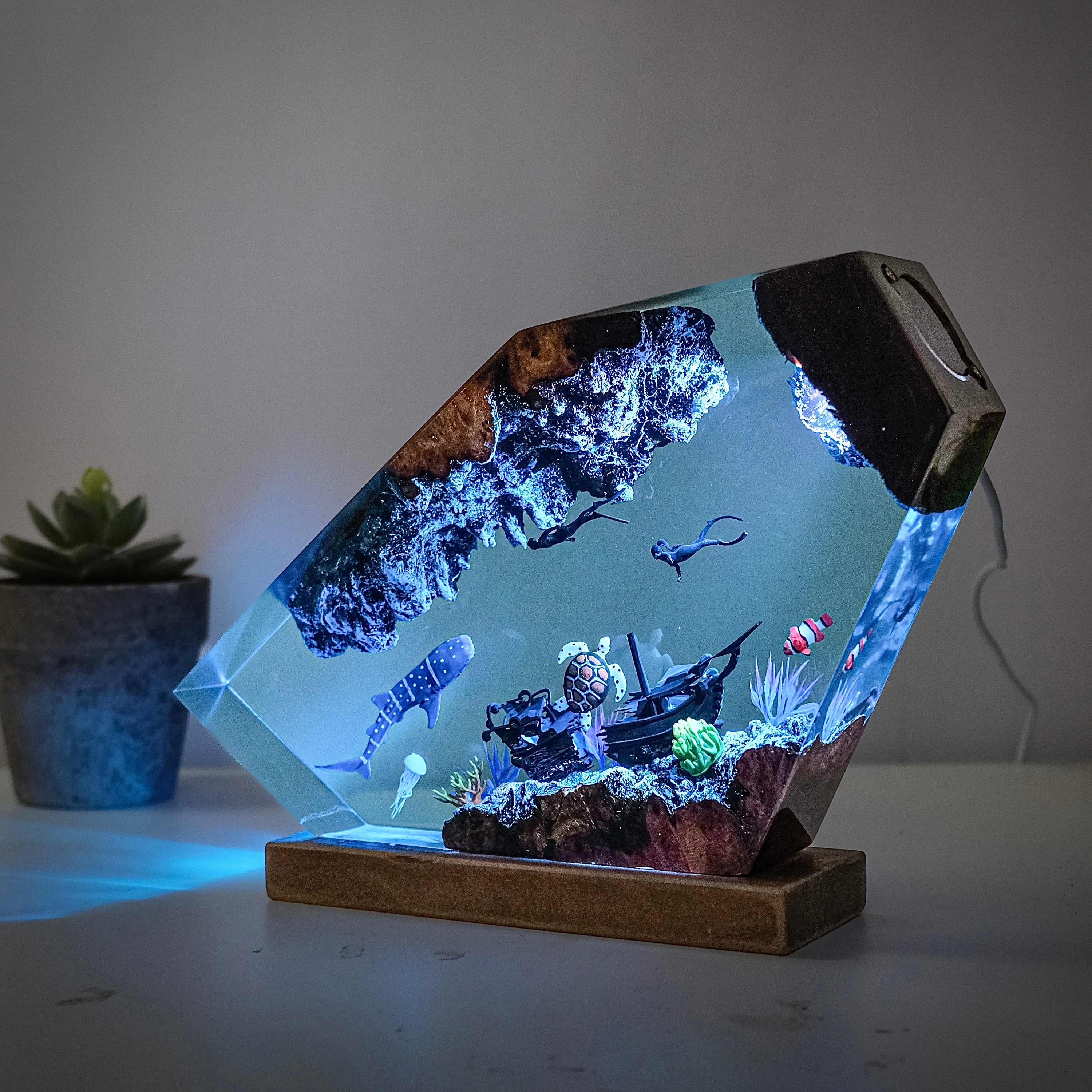 Ocean resin lamps .Sunken boats, shark whale and turtles