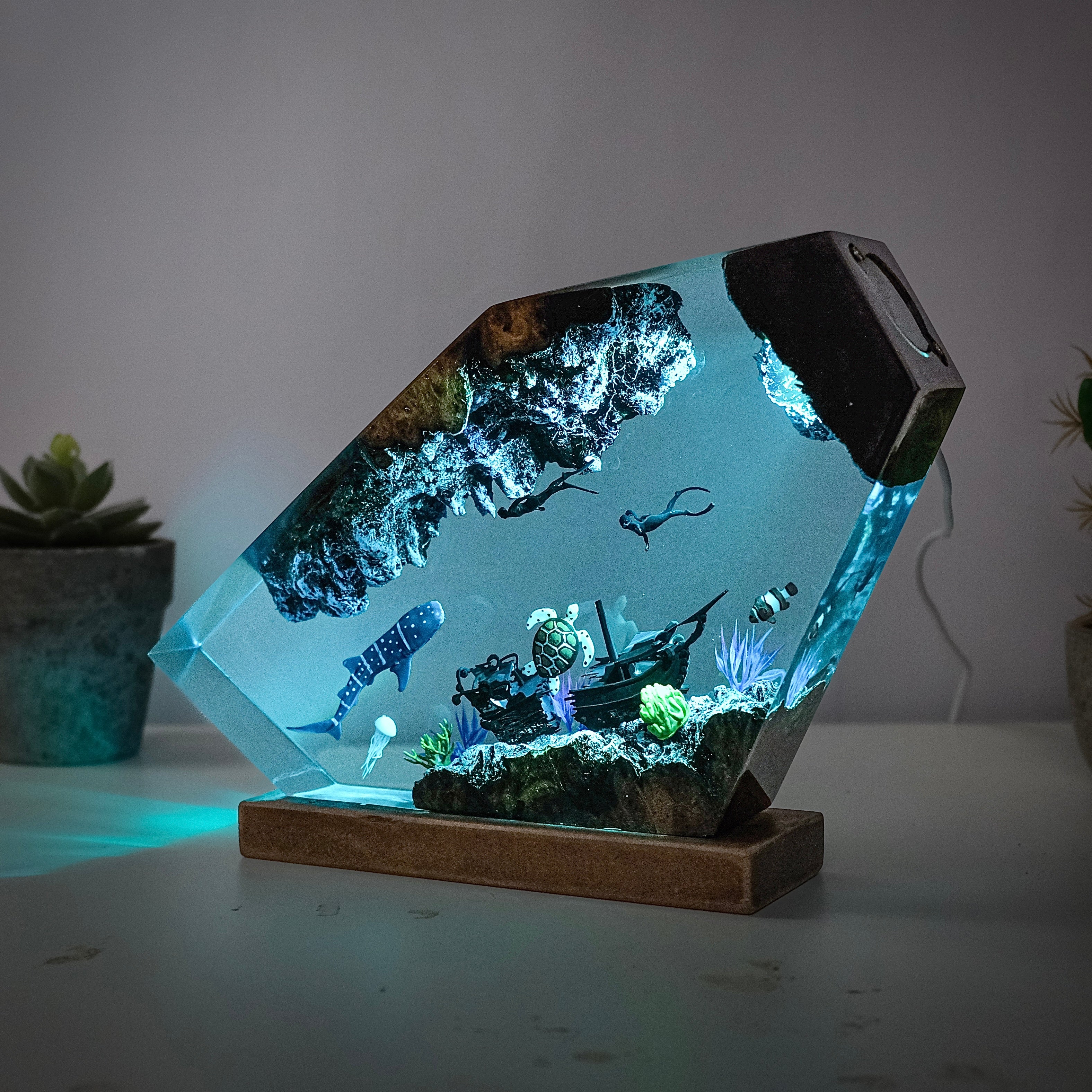 Ocean resin lamps .Sunken boats, shark whale and turtles