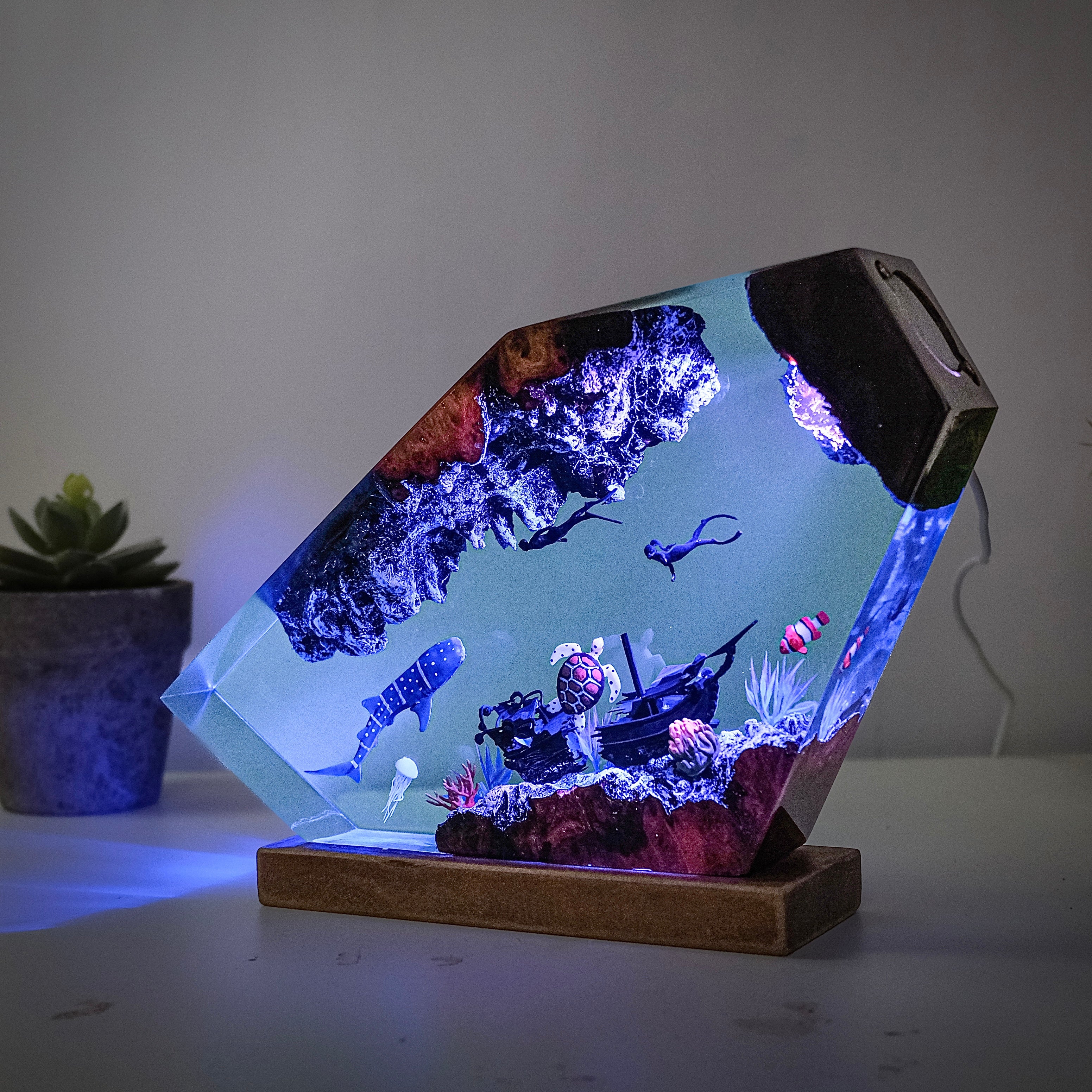 Ocean resin lamps .Sunken boats, shark whale and turtles