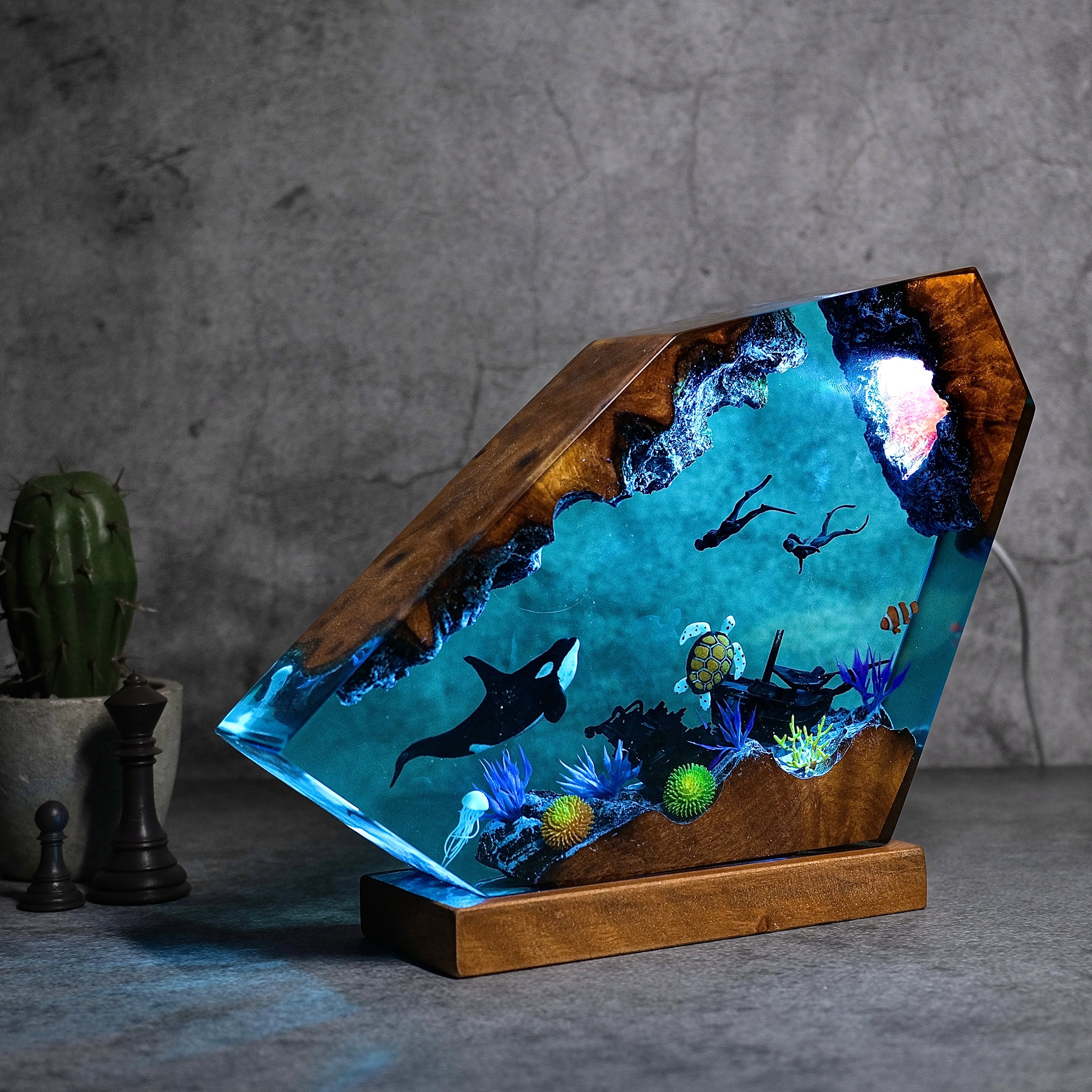 Ocean resin lamps .Sunken boat, pair of divers, orca and turtle