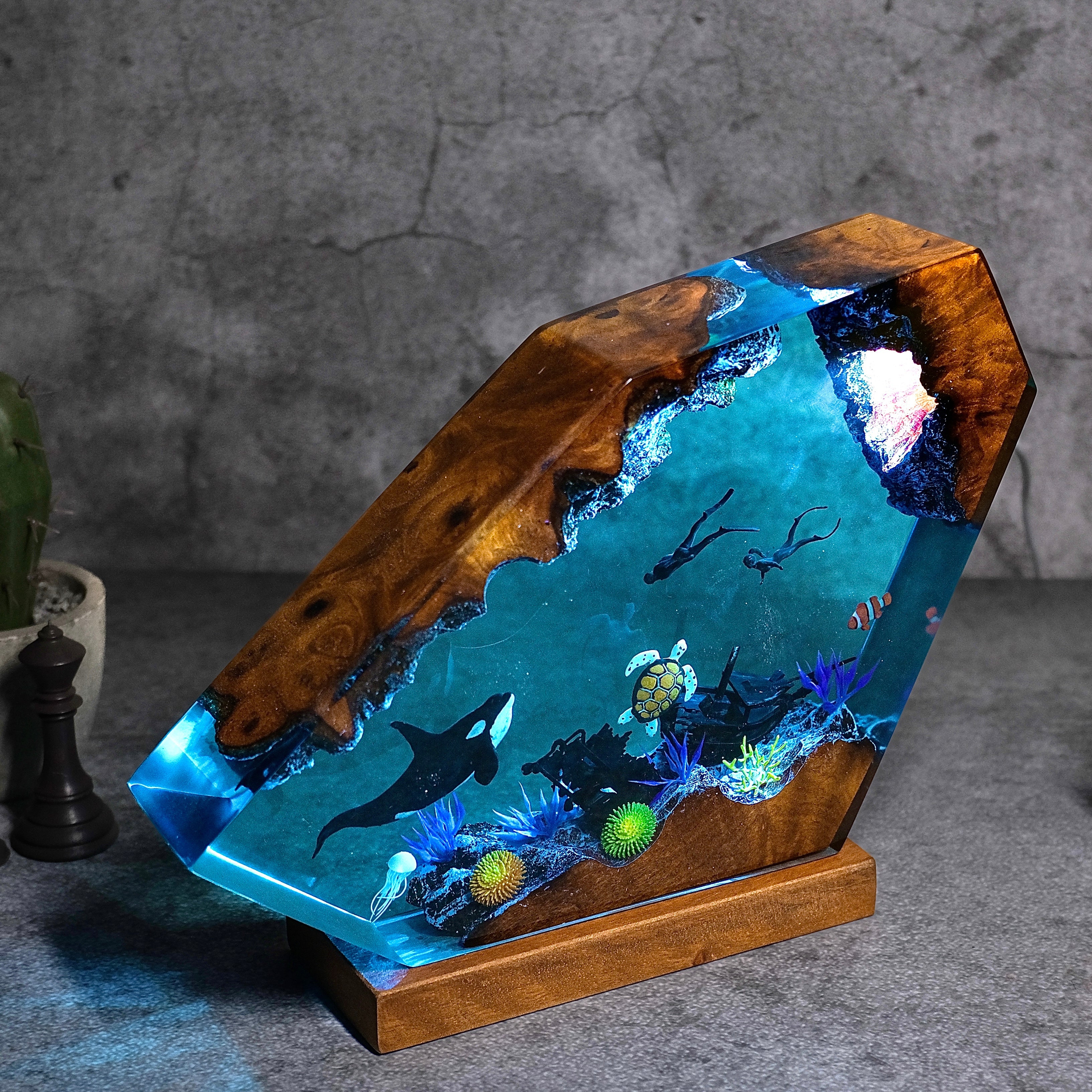 Ocean resin lamps .Sunken boat, pair of divers, orca and turtle