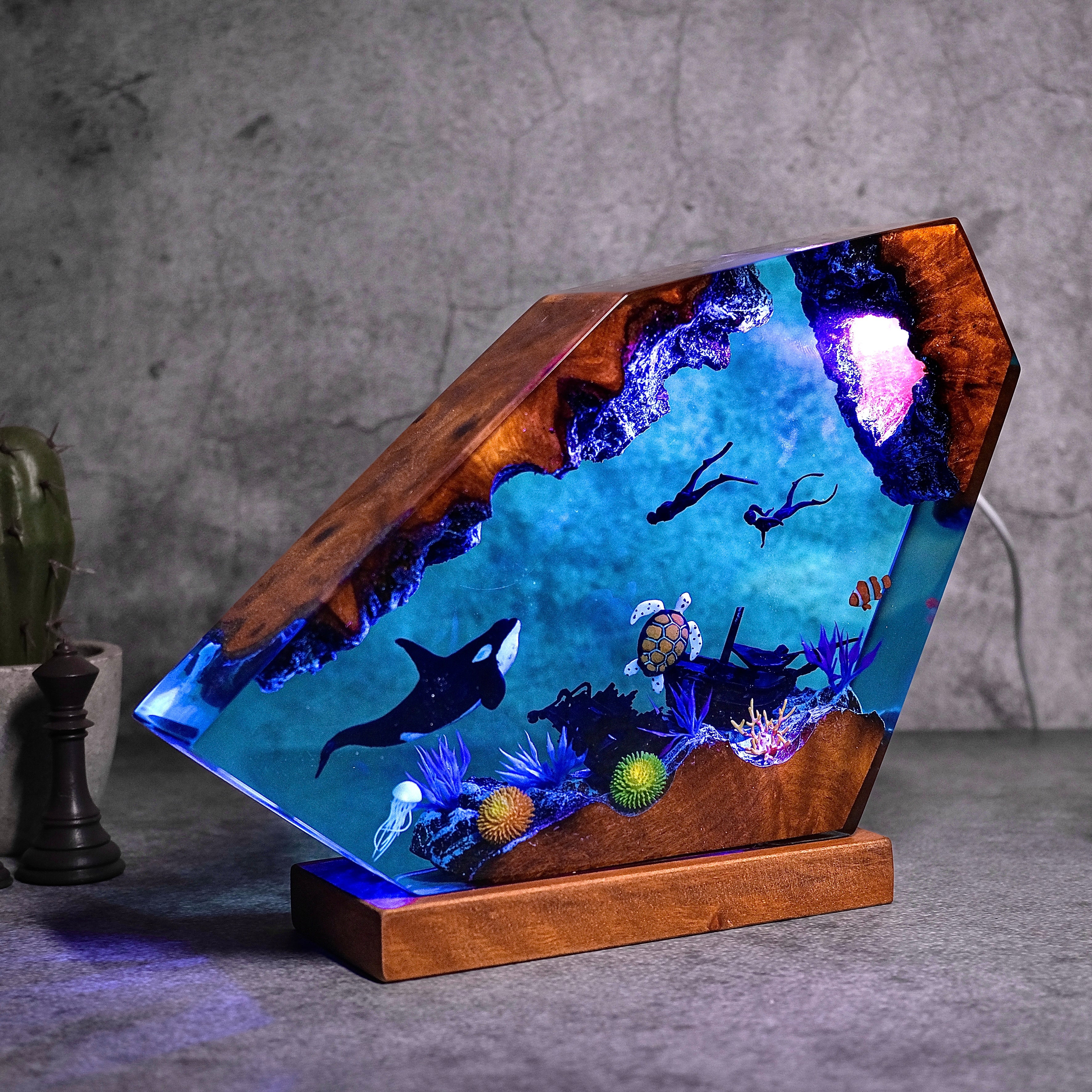 Ocean resin lamps .Sunken boat, pair of divers, orca and turtle