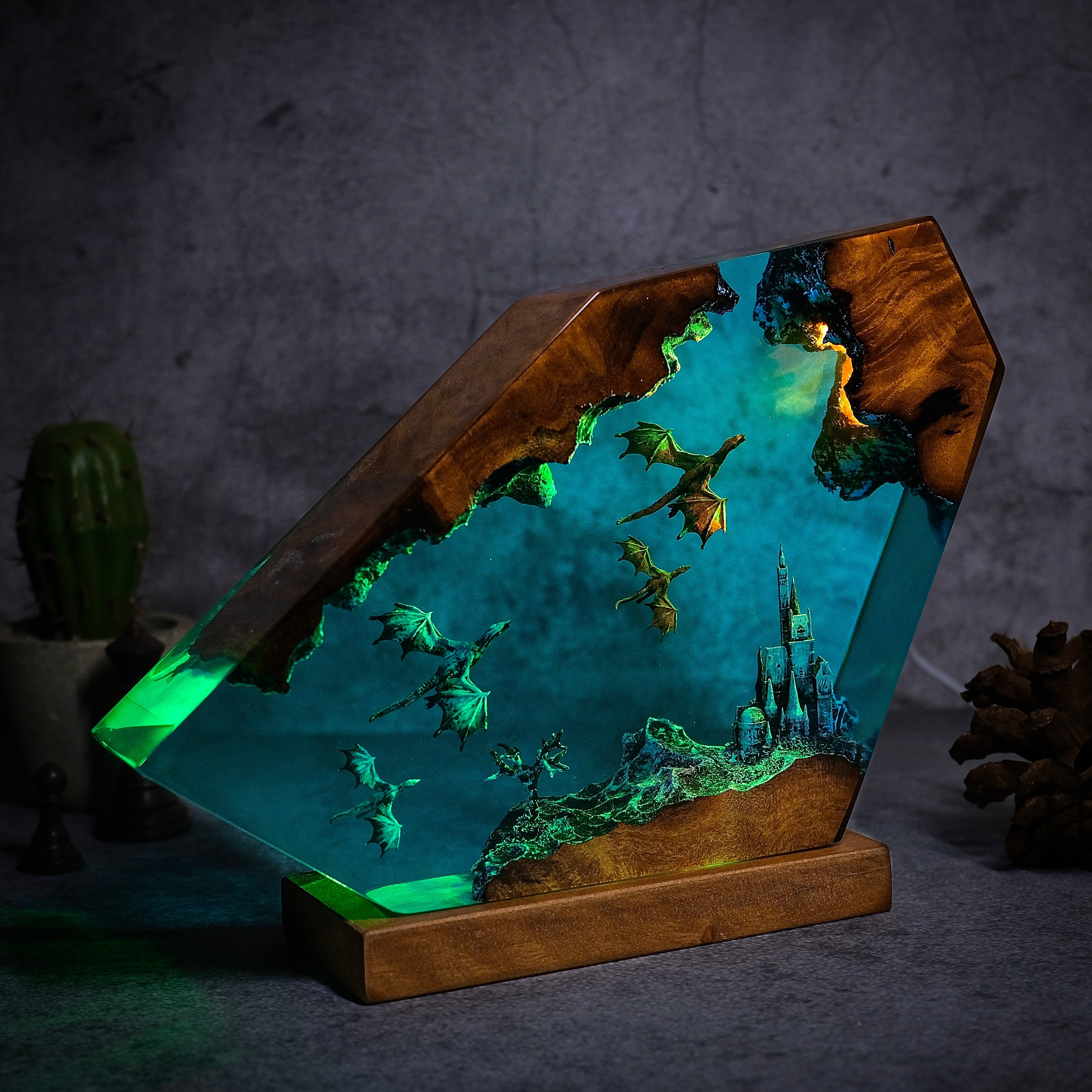 Red and Blue dragons fly at night Resin lamp