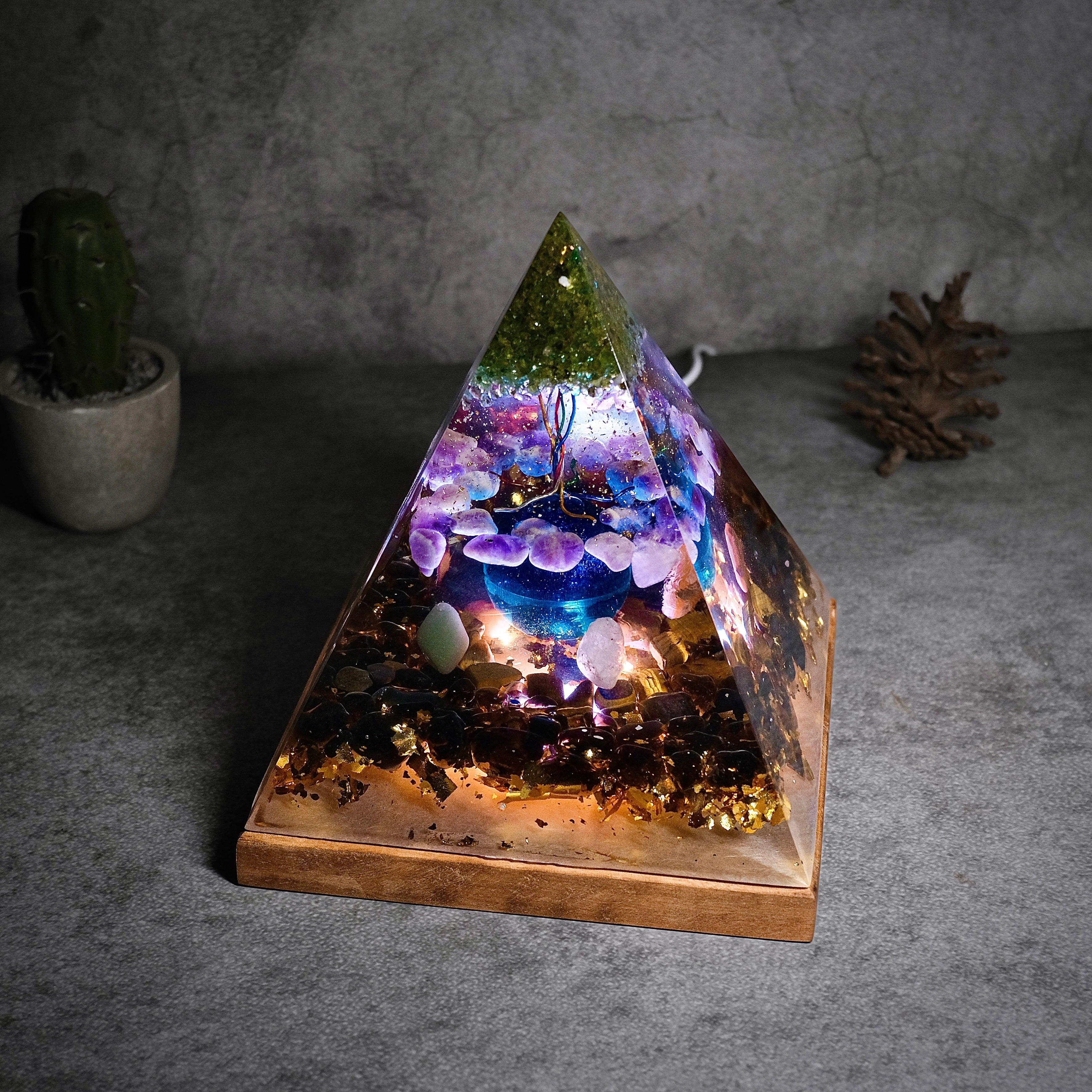 Unique color changing resin Pyramid lamp